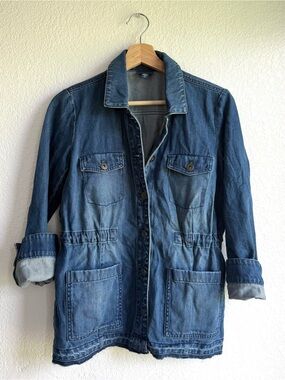 J Jill Womens Jacket Blue Denim Button Up Undone Hem Drawstring Size XS Petite